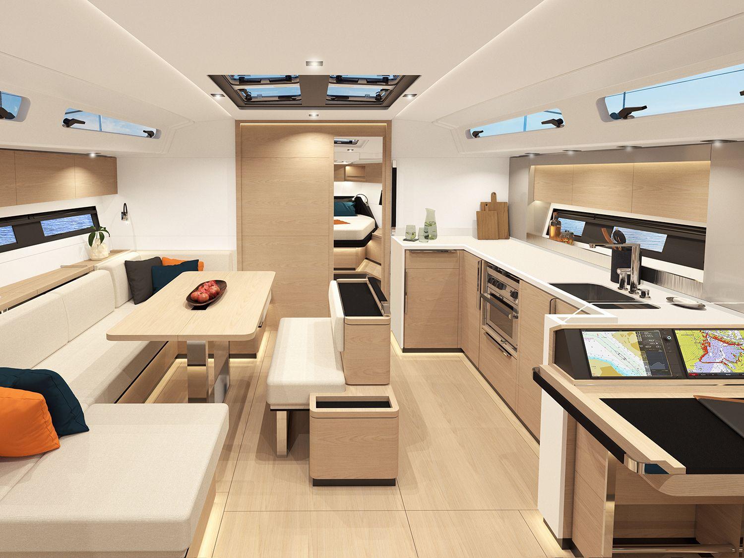 Hanse 460 Innenansicht mit großzügigem Salon, hochwertiger Ausstattung, moderner Holzoptik und viel Tageslicht
